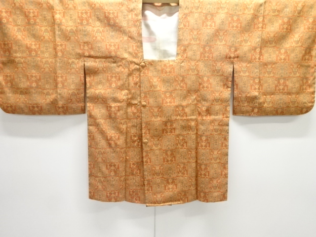 格子に花動物更紗模様織り出し道行コート